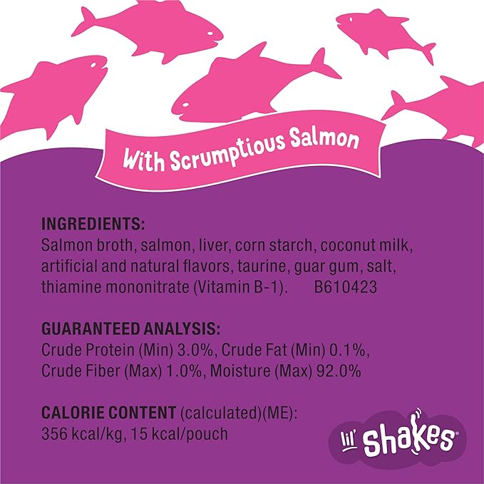 Friskies Purina Pureed Cat Food Topper,Lil’ Shakes with Scrumptious Salmon Lickable Cat Treats - 1.55 oz. Pouches,(Pack of 32)