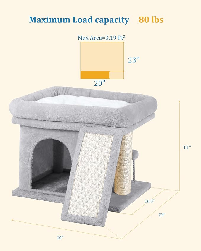 Aechonow Cat Tree Tower for Large Cat, Cat Bed House with Large Perch for Adult Cats, 20x16.5 Inch Big Platform for Indoor with Super Cozy Mat, Large Condo with Scratching Post, Light Gray