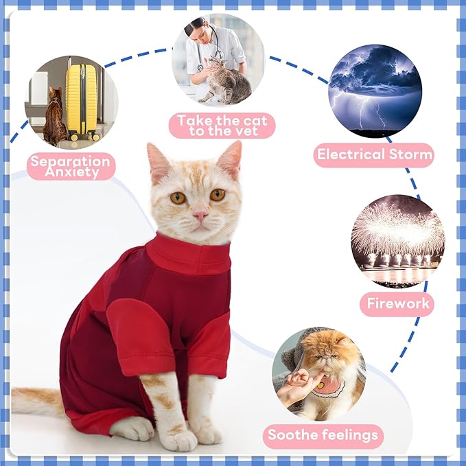 Anxiety Relief Catsuit, Color Blocking Cat Clothes, Adjustable Calming Onesie for Thunderstorms, Fireworks, Separation, Vet Visit, Loud Noises, Travel, Anti-Anxiety Wrap for Cats, Red Large
