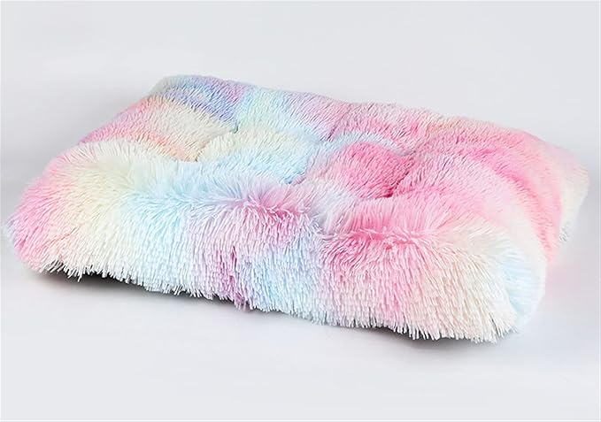 Long Plush Calming Pet Bed Cuddler Pet Bed for Dogs and Cats Fluffy Faux Fur Dog Bed with Anti Slip Bottom Machine Washable Pet Sleep Bed Crate Mat Gradient Colorful M