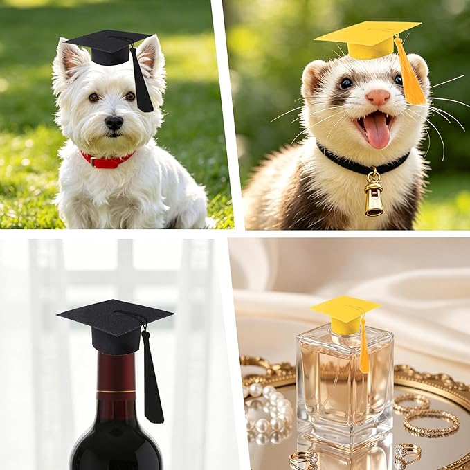 Mini Graduation Caps with Tassel, 2 Pack Gold and Black Mini Graduation Caps, Small Animal Bachelor Hats for Adjustable Pet Graduation Photo Props Cat Dog Holiday Costume Accessories