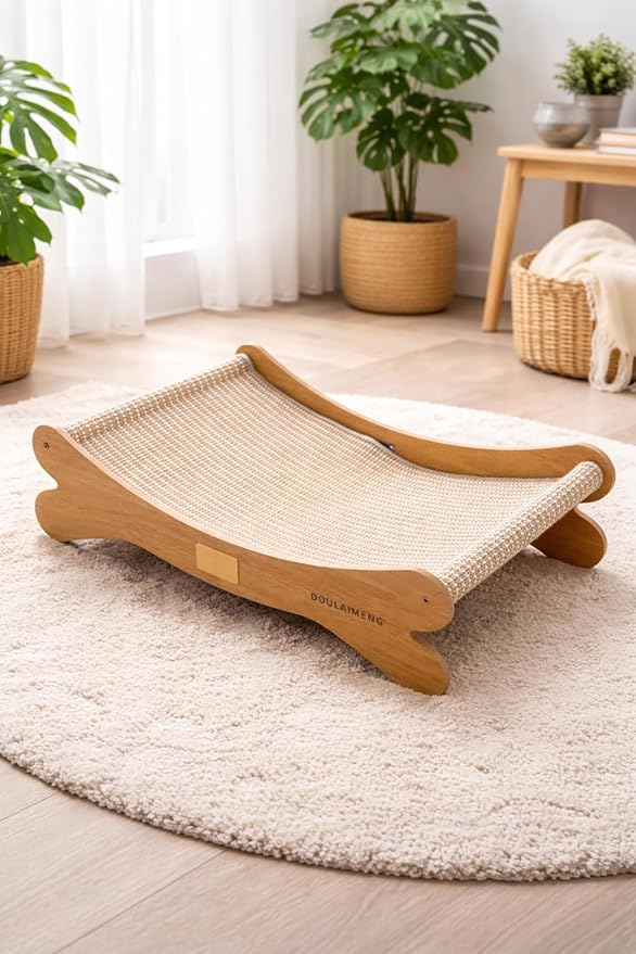 Wooden Cat Hammock Bed – Elevated Pet Lounger for Cats & Small Dogs, Sturdy Natural Wood Frame, Breathable Mesh Sling, Indoor Cozy Pet Furniture