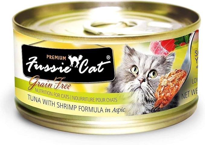 Fussie Cat Premium Canned Grain Free Cat Wet Food - Variety 4 Flavors Pack Food Bowl (48 Cans) (Tuna & Ocean Fish- Salmon - Shrimp - Chicken) 2.82 Ounce