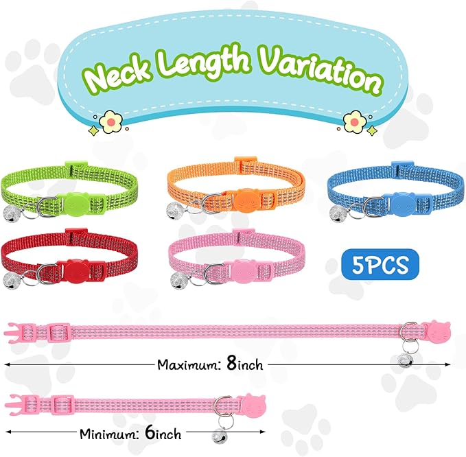 Reflective Cat Collar, Breakaway Cat Collars Kitten Collar with Bells Adjustable Collars for Small Cats Safety Quick Release Safety Buckle 7.9-13 Inches 5 Bright Colors for Small Pets