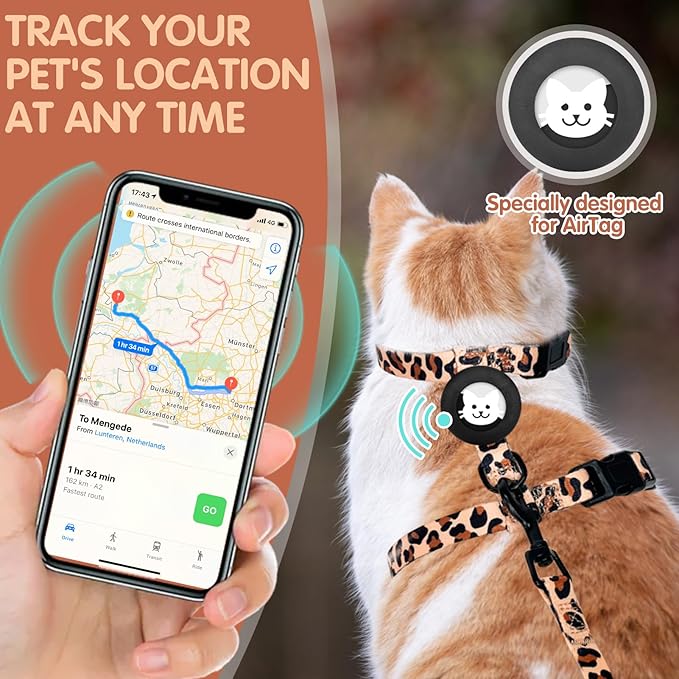 BINGPET Cat Harness with Airtag Holder, Cat Harness and Leash Set Escape Proof for Walking Travel Outdoor, Soft Adjustable Kitten Harnesses for Small Medium Large Cats, Leopard(Chest:12.5"-18")