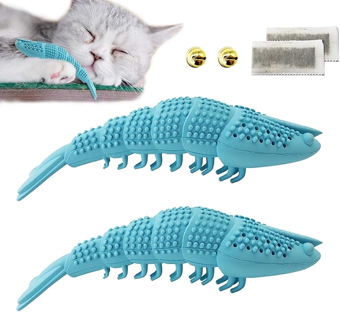 Cat Toothbrush Catnip Toy,Interactive Rubber Dental Care for Pet Kitten Kitty, Crayfish-Shaped Safe Chewing Toy Tooth Cleaning Resistant Cat Toy(2 Pack)
