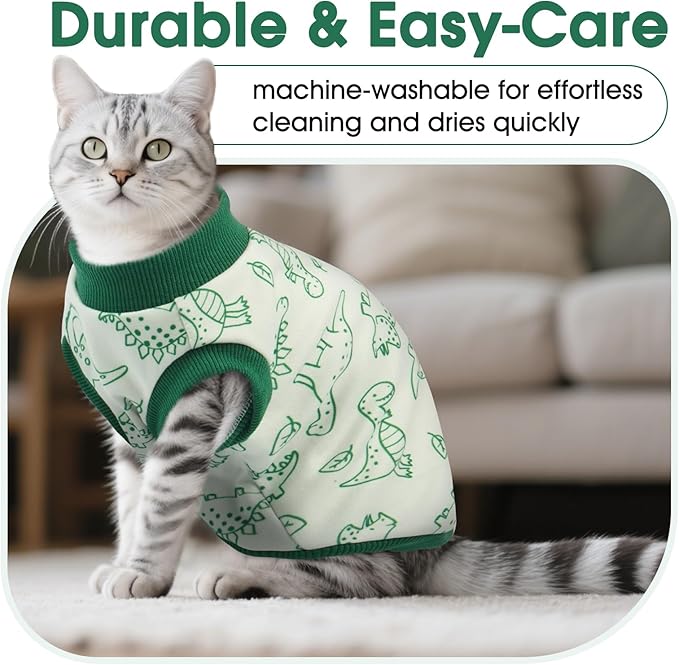 DENTRUN Sleeveless Cat Vest with Dinosaur Print, Breathable Ultra-Soft Dralon Fleece Cat Sweater, All-Season Pet Costume Apparel for Cats, Kitten Clothing for Indoor/Outdoor, Green, XL