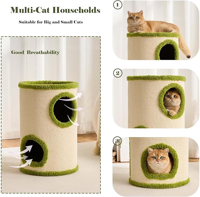 Cat House for Indoor Cats，Scratchable Sisal Material Cat Cave with 2 Hideaways & 3 Soft Pads-Sturdy &Space-Saving Cat Condo Furniture for Multiple Cats & Small Pets, Easy Assembly