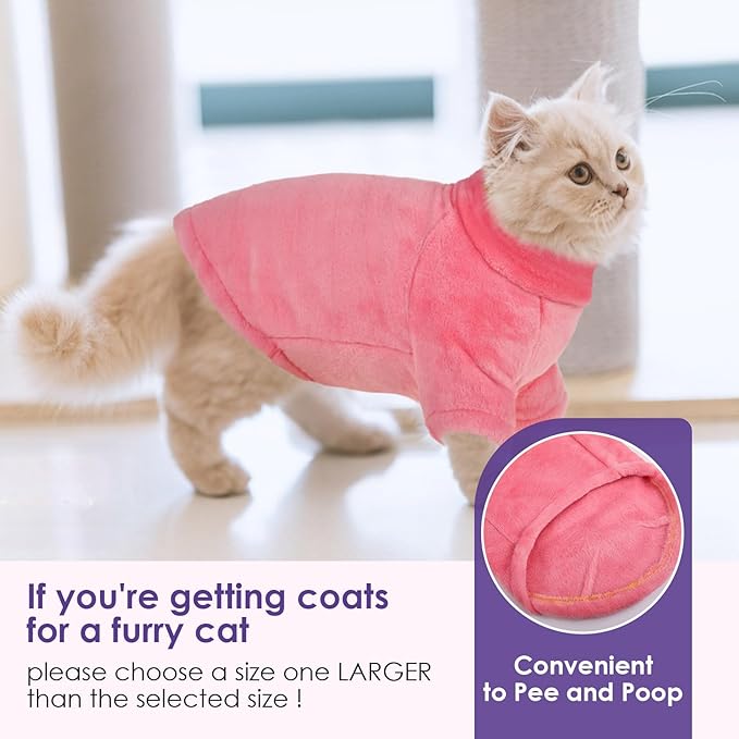 Turtleneck Sweater Coat for Cats, Sphynx Cat Clothes Pajamas for Cats Only, Kitten Fleece Pullover Sweaters with Sleeves, Pet Warm Jumpsuit Cat Sweatshirt for Cold Weather, Pink S