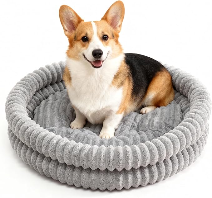 Small Dog Beds, Machine Washable Donut Large Cat Beds for Indoor Cats, Fluffy Round Pet Bed with Anti-Slip Bottom for Puppy and Kitten, Gray, 28"x28"x5"