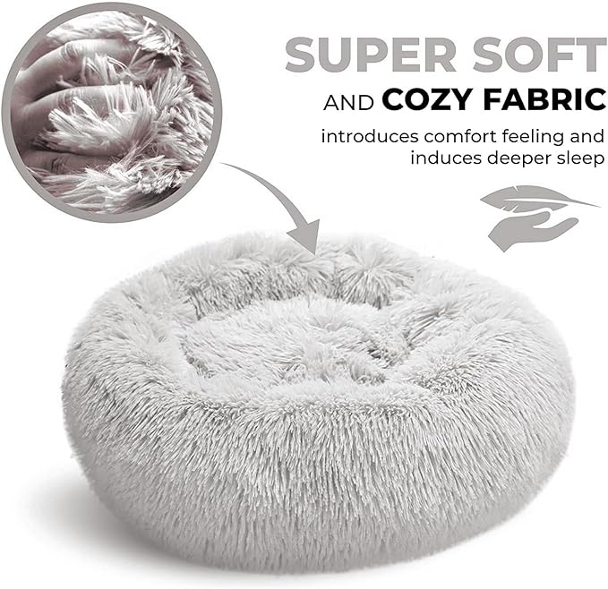 Whiskers & Friends Cat Beds for Indoor Cats, Fluffy Calming Donut Cat Bed, Small Dog Bed Washable - Orthopedic Soft Plush Pet Beds Sized for Kitten to Large Cats & Puppy to Small Dogs, Light Grey 20''