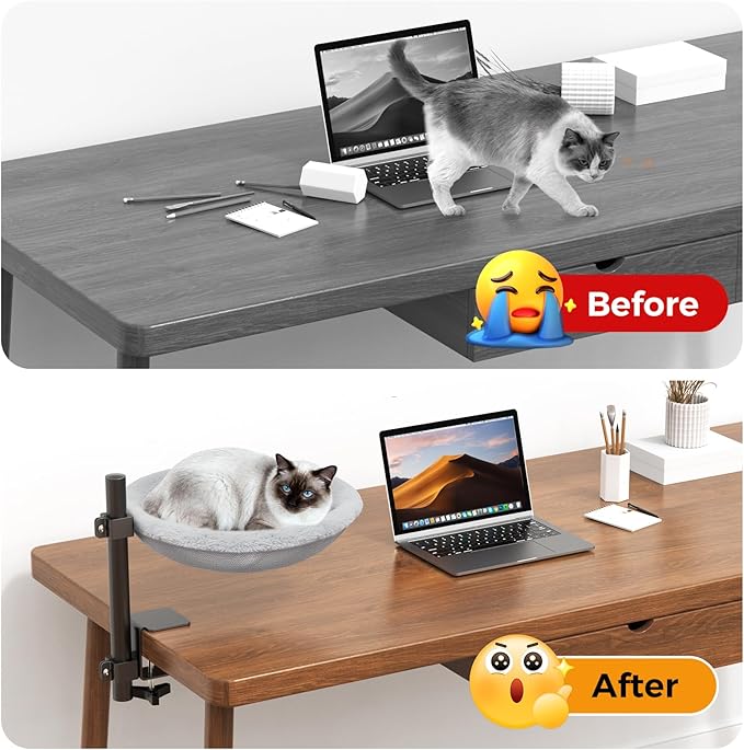 Cat Desk Bed - Cats Hammock for Home Office 360° Rotating & Height Adjustable - Supports Up to 45lbs Indoor Cat Nest Furniture for Office & Game Tables
