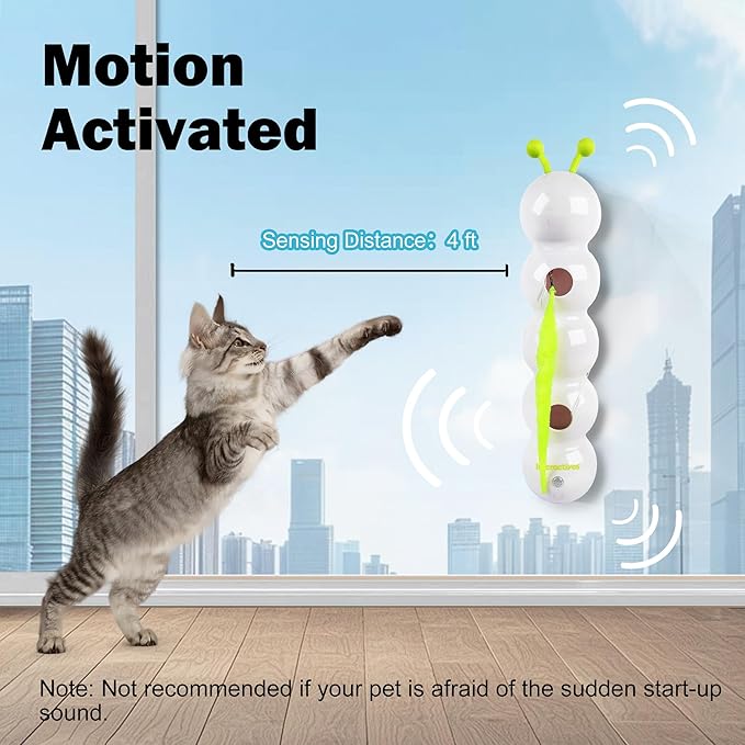 Interactive Cat Feather Toy, Caterpillar Cat Toy Automatic Fluffy Tail Teaser with Motion Sensor, USB Rechargeable, Suction Cup for Stable Play, Perfect for Indoor Cats