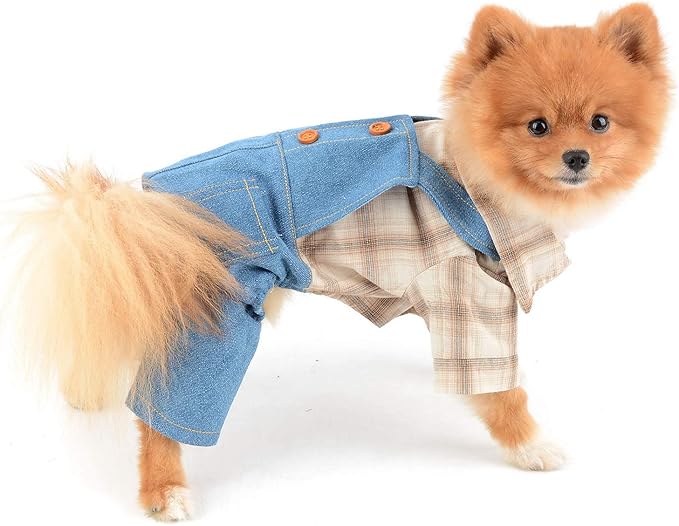 Shirt with Bib Pants for Dogs Plaid Tank Tops Tshirt Outfits for Small Male Dogs Puppies Chihuahua Overalls for Cats Apparel for Kittens Summer Adorable Pets Clothes Short Sleeves Khaki XL