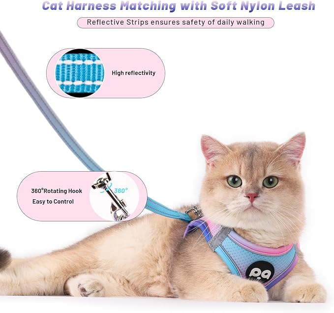 QQPETS Cat Harness and Leash Set for Walking Escape Proof, Safe Adjustable Kitten Vest with Reflective Strips, Easy Control Soft Mesh Lightweight Jacket (Blue-Pink Gradient, M(15.7”-17.7”))
