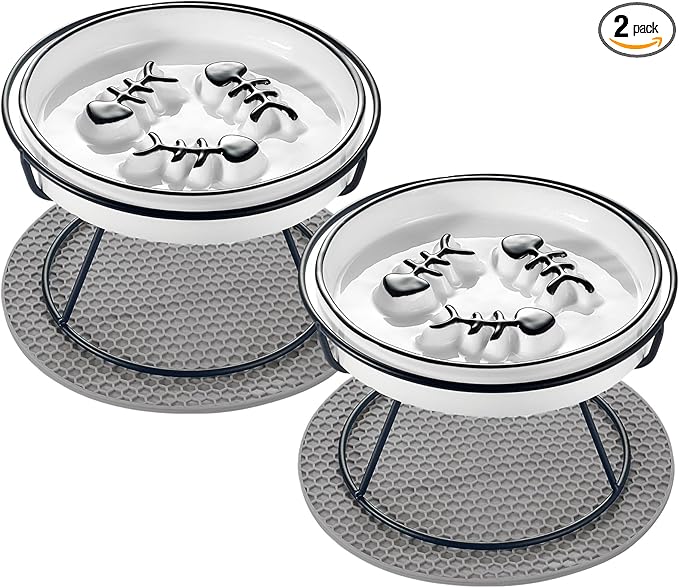2PCS Raised Cat Bowl - Improved Design, Elevated Puzzle Feeder, Anti Vomit & Obesity Prevention, Slow Down Eating Speed