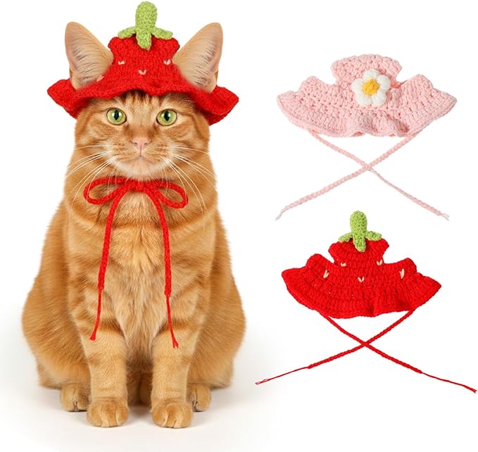 2Pcs Hat for Cat, Cat Hats for Cats Only Cotton & Soft Cute Knitted Hats Cats Apparel for Birthday Party Christmas Easter Travel Clothes Accessories (Strawberry and Flower)