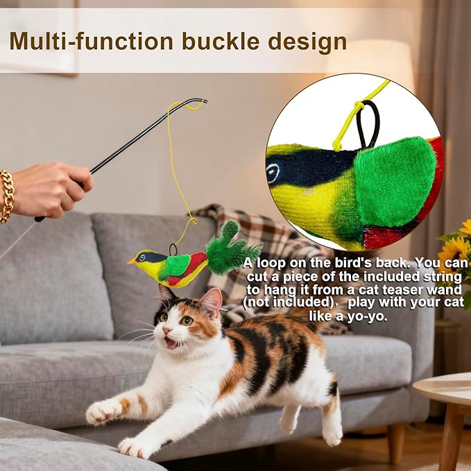 Battery-Free Flying Bird Cat Toy for Indoor Cats,Physically Generates Realistic Chirps, with Suction Cup Adhesive Strips & Lanyard (Green)