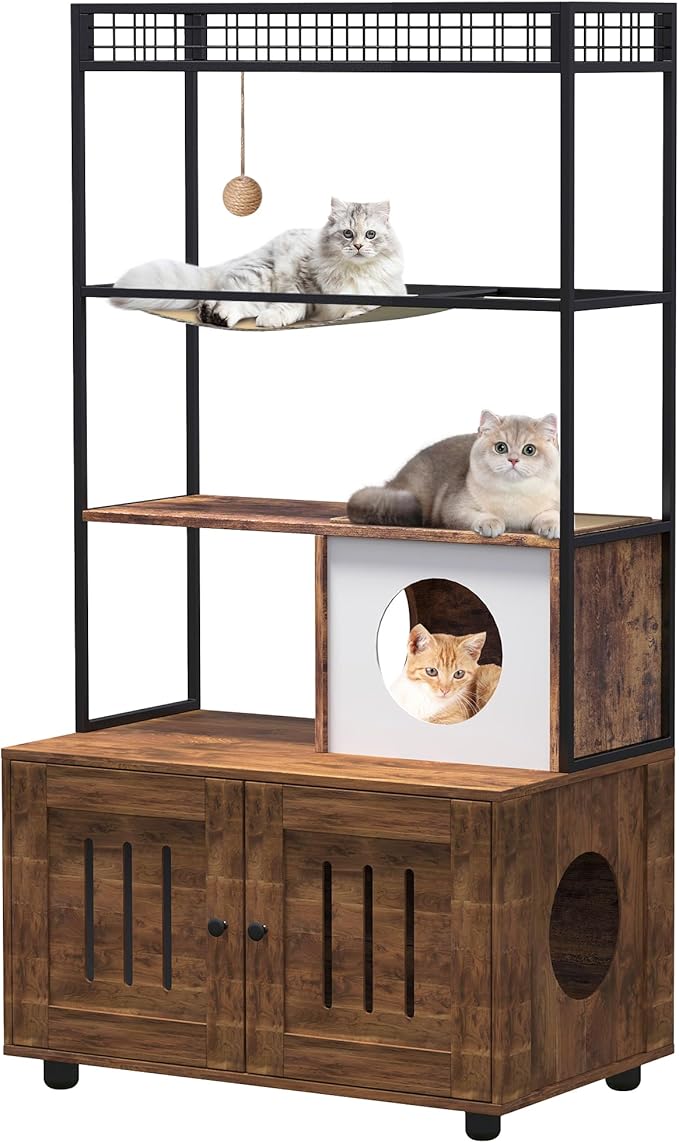 GarveeHome Cat Tree with Litter Box Enclosure, Large Wood Cats Cabinet with Storage Shelf, Condo, Hammock and Play Ball, All-in-one Corner Dog Proof Cat Bed Furniture