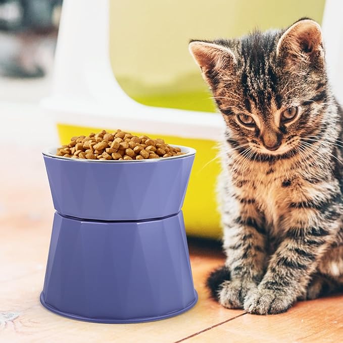 Kisangel Elevated Cat Bowl Adjustable Raised Pet Feeder with Non-Slip Support Stand in Blue for Indoor Cats Feeding and Watering