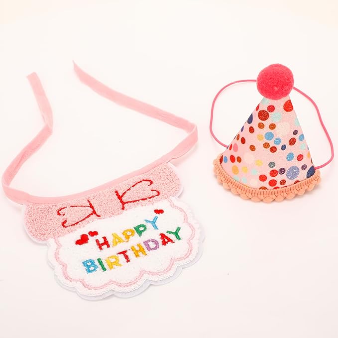 Cat Birthday Party Supplies - Cat Birthday Bandana Scarf & Party Hat (Pink, 4.33" x 5.51")