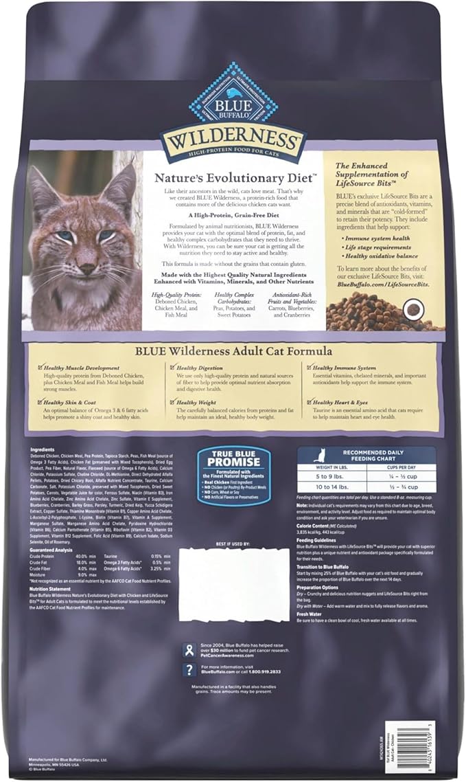 Blue Buffalo Wilderness High Protein Grain Free Dry Food for Adult Cats, 40% Protein, with Chicken, 15 lb. Bag