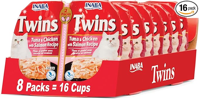INABA Twins for Cats, Shredded Chicken & Broth Gelée Side Dish/Topper Cups with Green Tea Extract, 1.23 Ounces per Serving, 16 Servings, Tuna & Chicken with Salmon Recipe