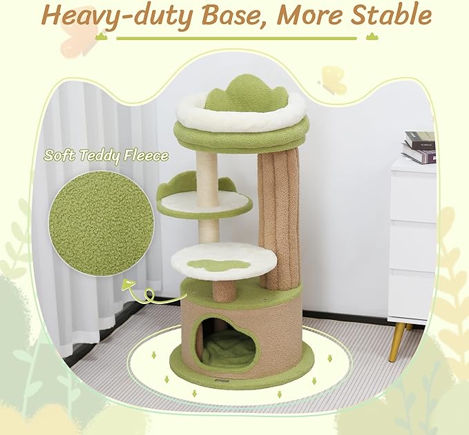 KAMABOKO 42.5" Cute Cat Tree, Green Cat Tree for Indoor Cats, Aesthetic Cat Tower with Teddy Fleece, Cats Condo, Unique Cat Furniture for Small Space - Perfect for Your Feline Pal