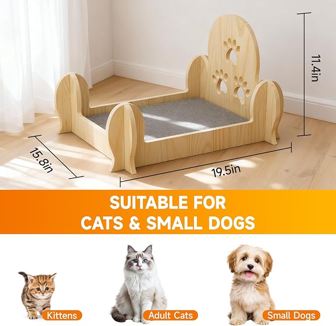 Solid Wooden Cactus Cat Bed with Paw Print Carvings, Space-Saving for Small Apartments, Studios & Rental Homes, Cute Decorative Cat Furniture for Indoor Cats & Kittens