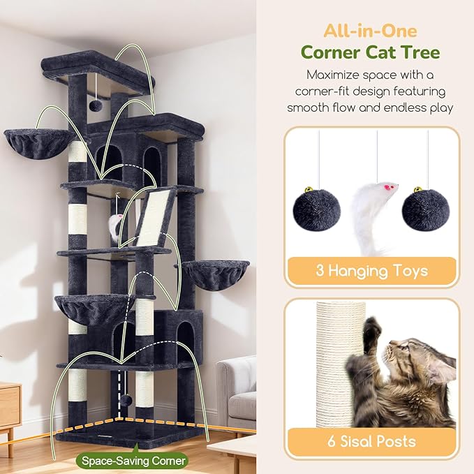 Globlazer Extra Large Cat Tree Tower 80inch XXL Tall Cat Tree for Multiple Indoor Cats Large Adult Kittens with Scratching Posts, 2 Widened Perches, Adjustable Baskets, 2 Cozy Condos, S80G, Dark Grey
