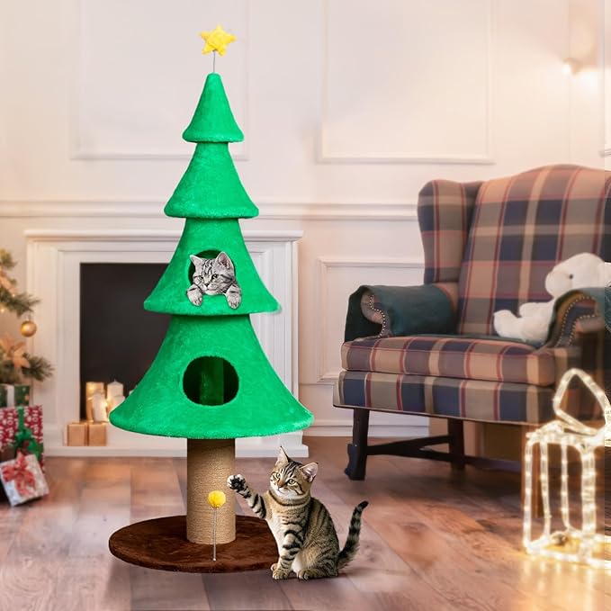 VINGLI 59in Large Christmas Tree Cat Tower for Indoor Cats, Green Cat Tree with 2 Cat Condos & Scratching Post, Soft Fleece Multi-Level Cat Tower with Teaser Toy, Sturdy Wide Base & Built-in Openings