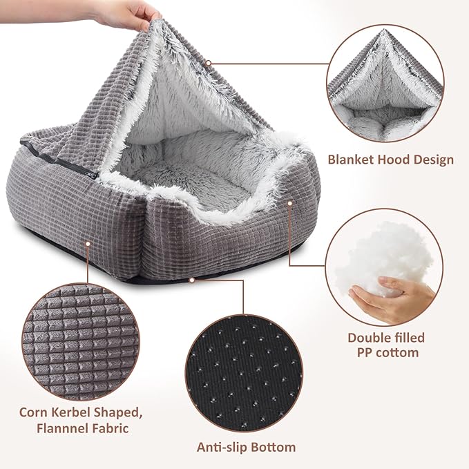 MIXJOY Dog Beds for Large Medium Small Dogs, Rectangle Cave Hooded Blanket Puppy Bed, Luxury Orthopedic Cat Beds for Indoor Cats, Warmth and Machine Washable (30 inches, Grey)