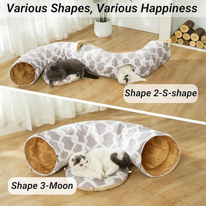 Large Cat Tunnel Bed Under Christmas Tree with Fluffy Toy Balls, Small Cushion and Flexible Design- 10 inch Diameter, 3 ft Length- Great for Cats, and Small Dogs, Gray Geometric Figure