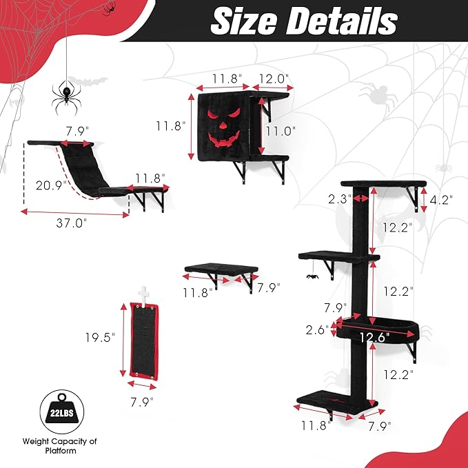 Cat Hammock Wooden Wall-Mounted Shelves Cat Climber Set of 5, Floating Cat Perches, Hanging Cat Beds for Sleeping/Playing/Climbing-Modern Cat Bed & Furniture for Large Cats Or Kitty, Gothic