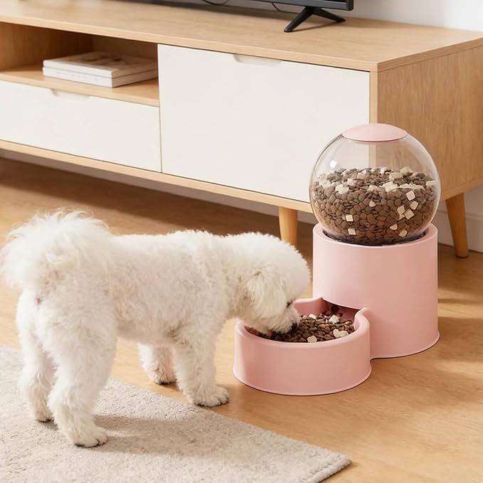 Automatic Cat Feeder, Water Dispenser Gravity Food Feeder and Water Set, Pack of 2, Cat Food Dispenser and Gravity Water Fountain for Cats Small Dogs Puppies Kittens Pets (Pink)