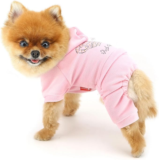 SMALLLEE_LUCKY_STORE Dog Hoodies for Small Dog Girls Rhinestone Crown Doggie Outfits Puppy Pajamas with Leash Hole Stretchy Soft Velvet Clothes 4 Legged Jumpsuit Pet Tracksuit Cat Apparel