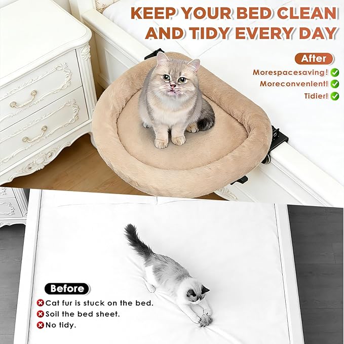 IPOW Heavy Duty Steel Frame 180°Rotating Cat Bedside Bed Semi-Circular Cat Bed for Bedside, Soft Faux Rabbit Fur Material, Suitable for Various Desktops-Maximum Hold Up to 40lb