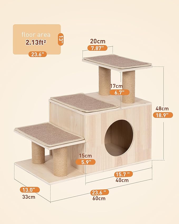 3-in-1 Pet Stairs for Cats, 7.87" Depth Pet Steps for Cat, Wood Cat Stairs for High Bed and Sofa, 1 Condo Cave, Scratching Post, Sturdy Indoor Pet Stairs with Non-Slip Carpet Pads