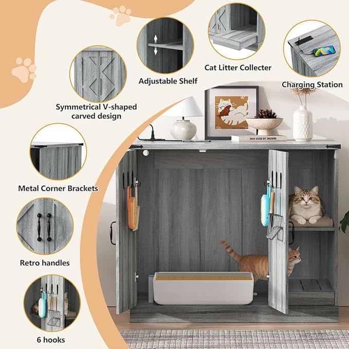 Extra Large Cat Litter Box Enclosure with Litter Collector, Hidden Litter Box Furniture Cabinet with Power Outlet & Storage Shelves, Cat House for Automatic Litter Boxes, Gray