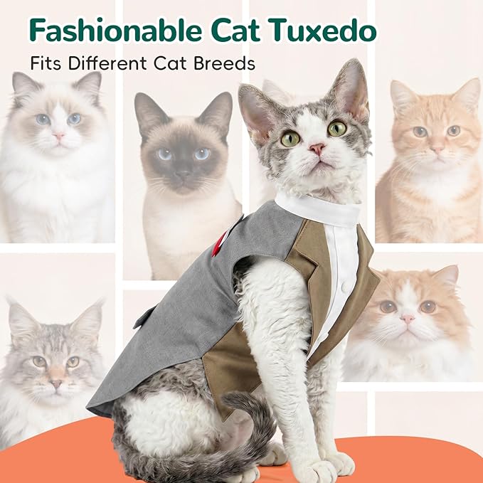 Grey Cat Tuxedo Suit, Sized for All Cats,Stylish Cat Tuxedo Outfit Formal Suit, Kitten Formal Attire Wedding Birthday Onesie Costume, Pet Fashion Apparel Fancy Clothes