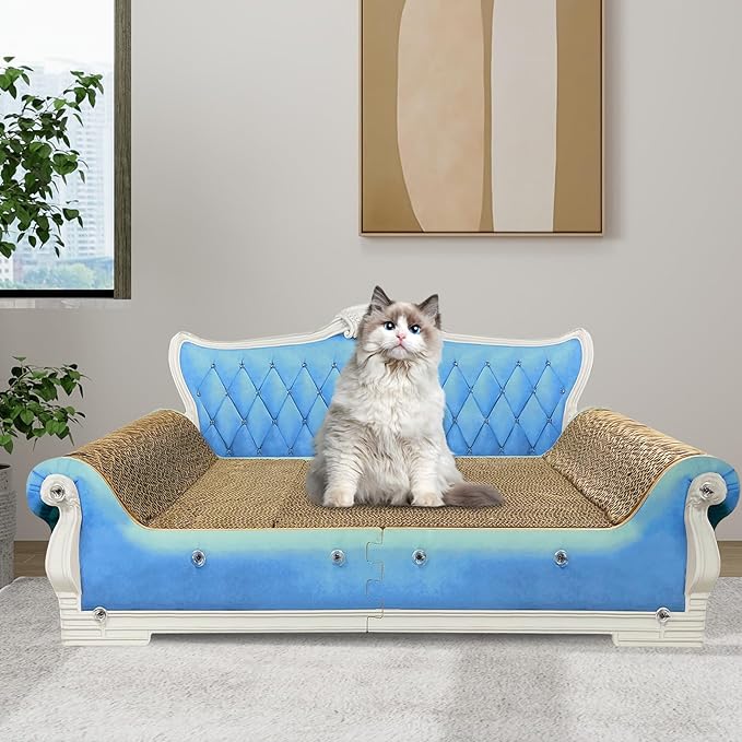 Luxury Cardboard Cat Scratcher Sofa Bed, Couch Shaped Scratching Board, Scratch Lounge with Catnip, Cat Scratcher for Indoor Cats Large Blue 25.4" Large