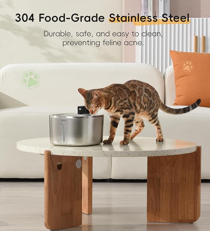 Cat Water Fountain Stainless Steel, 138fl.oz / 4.1L Cat Fountain, Pet Water Dispenser Cordless for Cats & Dogs Indoor