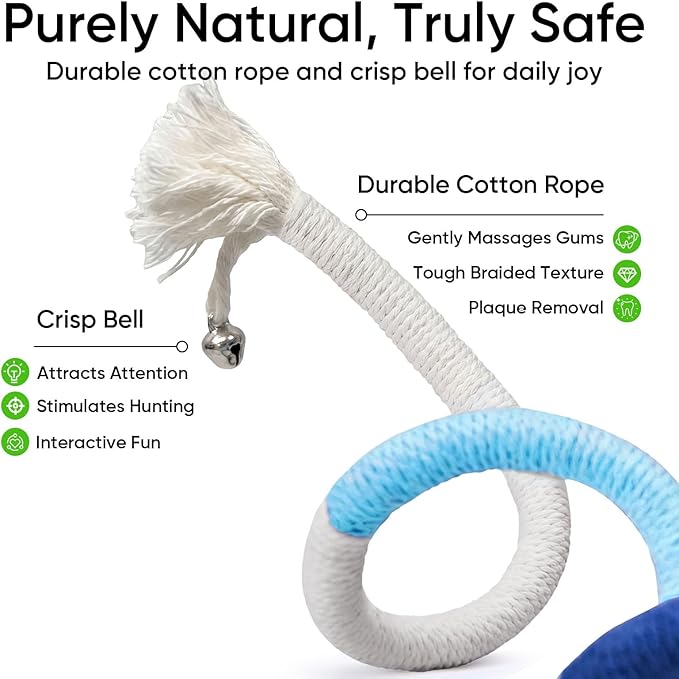 4 Pack Interactive Cat Chew Rope Toys - Durable Hand-Woven Cotton Teaser Sticks with Jingle Bells - Safe Teeth Cleaning & Teething Toys for Indoor Cats, Kittens, and Aggressive Chewers