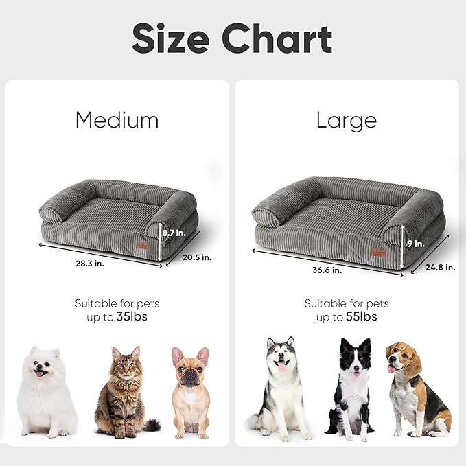 FUKUMARU Dog Couch Bed, Corduroy Cozy Cat Bed for Indoor Cats with Washable Cover, 28in Waterproof Orthopedic Dog Beds Sofa for Small Dogs and Large Cats, Cute Warm Cotton Pet Sofa, Grey