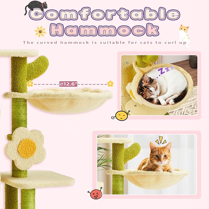 Erinnyees Flower Cat Tree, 38.2 Inches Cat Tower, Multi-Level Indoor Kitty Tree Tower, Kitty House with Cozy Top Flower Platform, Spacious Condos, Soft Hammock, Sisal Scratching Post