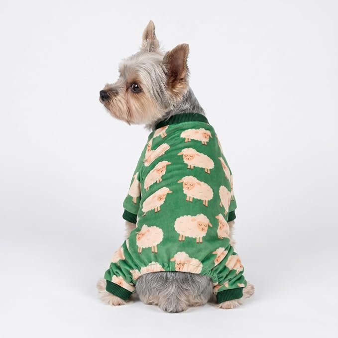 Fitwarm Funny Sheep Dog Pajamas, Warm Winter Dog Clothes for Small Dogs Boy Girl, Cozy Pet Onesie with Feet, Green, White, XXL