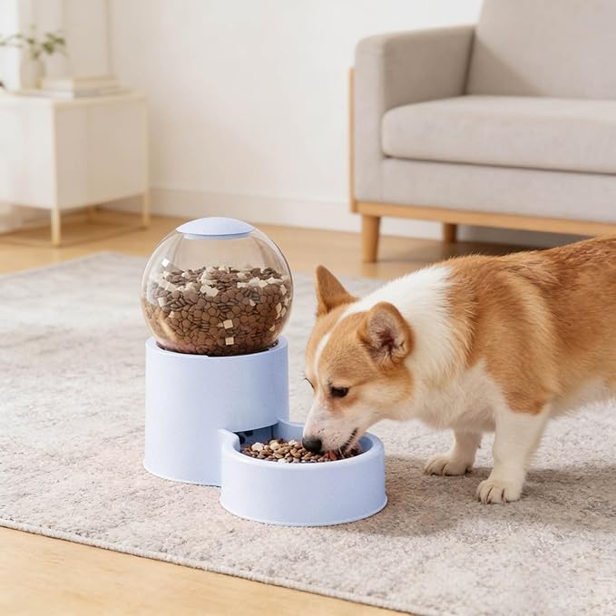 Automatic Cat Feeder, Water Dispenser Gravity Food Feeder and Water Set, Pack of 2, Cat Food Dispenser and Gravity Water Fountain for Cats Small Dogs Puppies Kittens Pets (Blue)