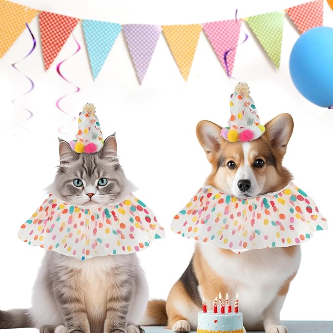 Cat Costume, Cat Birthday Bandana Scarf and Party Hat, Dog Birthday Decorations Set, Pet Outfit for Birthday Party Christmas, Large