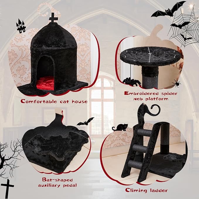 YARUOMY Gothic Cat Tree with Coffin Bed，55" Cat Tower with Spacious Cat Condo，Scratching Posts，Spider Hanging Ball，Multi-Level Cat Activities Furniture for Large Cats, Black Halloween