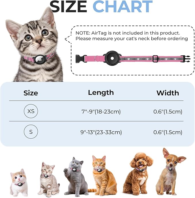 Breakaway AirTag Cat Collar, Reflective Cat Tracker Collar with Air Tag Holder and Bell, Safety Elastic Band Cat GPS Collars for Girl Boy Cats, Kittens and Puppies (Hotpink, 8-13'')